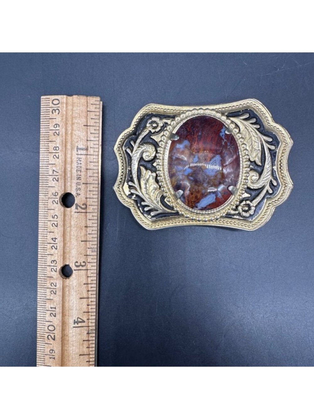 Vintage Western Belt Buckle Agate Stone Gold Tone Floral Rodeo Cowboy Accessory - Picture 8 of 10